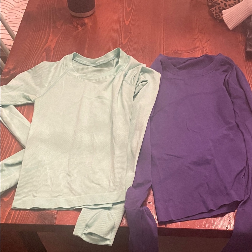 lululemon athletica Aqua and Violet Long Sleeve Tops